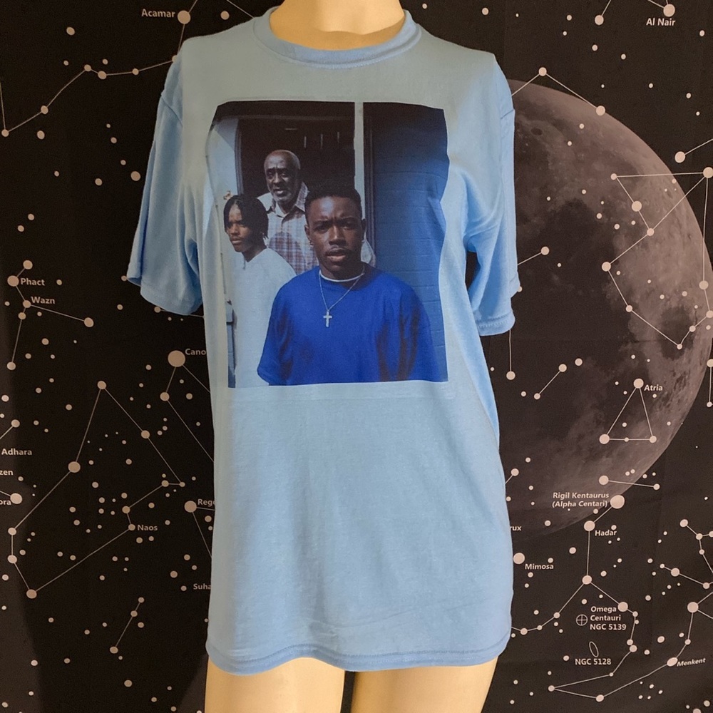 Menace to Society graphic soft blue tee.